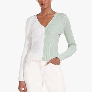 Staud Womens Shoko Colorblock Sweater Cardigan Ribbed Light Green White Sz Large
